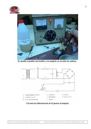 EEESSSPPP... EEENNNDDD RRRIIICCCAAARRRDDDOOO MMMOOONNNTTTEEERRROOO --- ZZZMMM IIINNNSSSPPPEEECCCCCCIIIOOONNNEEESSS IIINNNDDDUUUSSSTTTRRRIIIAAALLLEEESSS SSSRRRLLL
31
Se detalla el pulido electrolítico con tampón en un tubo de caldera.
Circuito de alimentación de la fuente al tampón.
 
