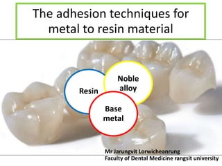 The adhesion techniques for
metal to resin material
Resin
Noble
alloy
Base
metal
Mr Jarungvit Lorwicheanrung
Faculty of Dental Medicine rangsit university
 