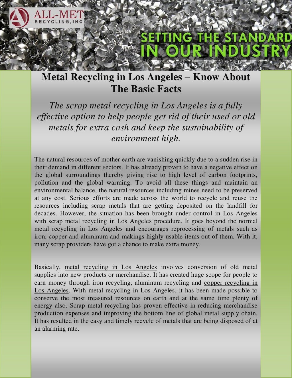 Metal Recycling in Los Angeles Know About The Basic Facts