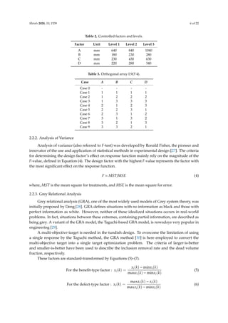 Metals 2020, 10, 1539 6 of 22
Table 2. Controlled factors and levels.
Factor Unit Level 1 Level 2 Level 3
A mm 640 840 1040
B mm 180 230 280
C mm 230 430 630
D mm 220 280 340
Table 3. Orthogonal array L9(3ˆ4).
Case A B C D
Case 0 - - - -
Case 1 1 1 1 1
Case 2 1 2 2 2
Case 3 1 3 3 3
Case 4 2 1 2 3
Case 5 2 2 3 1
Case 6 2 3 1 2
Case 7 3 1 3 2
Case 8 3 2 1 3
Case 9 3 3 2 1
2.2.2. Analysis of Variance
Analysis of variance (also referred to F-test) was developed by Ronald Fisher, the pioneer and
innovator of the use and application of statistical methods in experimental design [27]. The criteria
for determining the design factor’s effect on response function mainly rely on the magnitude of the
F-value, defined in Equation (4). The design factor with the highest F-value represents the factor with
the most significant effect on the response function.
F = MST/MSE (4)
where, MST is the mean square for treatments, and MSE is the mean square for error.
2.2.3. Grey Relational Analysis
Grey relational analysis (GRA), one of the most widely used models of Grey system theory, was
initially proposed by Deng [28]. GRA defines situations with no information as black and those with
perfect information as white. However, neither of these idealized situations occurs in real-world
problems. In fact, situations between these extremes, containing partial information, are described as
being grey. A variant of the GRA model, the Taguchi-based GRA model, is nowadays very popular in
engineering [29].
A multi-objective target is needed in the tundish design. To overcome the limitation of using
a single response by the Taguchi method, the GRA method [30] is here employed to convert the
multi-objective target into a single target optimization problem. The criteria of larger-is-better
and smaller-is-better have been used to describe the inclusion removal rate and the dead volume
fraction, respectively.
These factors are standard-transformed by Equations (5)–(7).
For the benefit-type factor : xi(k) =
xi(k) − minxi(k)
maxxi(k) − minxi(k)
(5)
For the defect-type factor : xi(k) =
maxxi(k) − xi(k)
maxxi(k) − minxi(k)
(6)
 