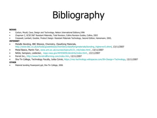 Bibliography BOOKS Carbon, Mould, Cave, Design and Technology, Nelson International Editions,1996 Chapman C, GCSE D&T Resistant Materials, Total Revision, Collins Revision Guides, Collins, 2003 Cresswell, Lambert, Goodier, Product Design: Resistant Materials Technology, Second Edition, Heinemann, 2003, INTERNET Metallic Bonding, BBC Bitesize, Chemistry, Classifying Materials,  http://www.bbc.co.uk/schools/gcsebitesize/chemistry/classifyingmaterials/bonding_higherrev5.shtml , 13/11/2007 Metal Basics, Martin Tarr,  www.ami.ac.uk/courses/topics/0131_mb/index.html  , 13/11/2007 NASA, Sampson, Leidecker,  nepp.nasa.gov/WHISKER/dendrite/index.html  , 13/11/2007 Ferret Inc.,  http://www.ferretrollforming.com/index.htm , 13/11/2007 Sha Tin College, Technology Faculty, Jutka Czirok,  https://msc-technology.wikispaces.com/IB+Design+Technology , 13/11/2007 OTHER Material bonding Powerpoint.ppt, Sha Tin College, 2006 