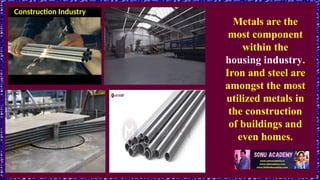 Construction Industry
Metals are the
most component
within the
housing industry.
Iron and steel are
amongst the most
utilized metals in
the construction
of buildings and
even homes.
 
