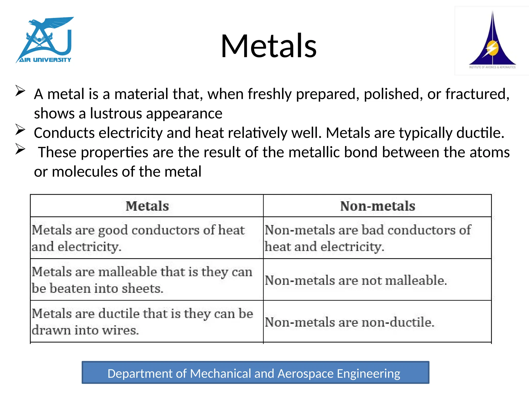 Metals
Department of Mechanical and Aerospace Engineering
 A metal is a material that, when freshly prepared, polished, or fractured,
shows a lustrous appearance
 Conducts electricity and heat relatively well. Metals are typically ductile.
 These properties are the result of the metallic bond between the atoms
or molecules of the metal
 