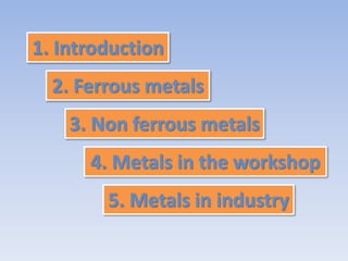 1. Introduction 
2. Ferrous metals 
3. Non ferrous metals 
4. Metals in the workshop 
5. Metals in industry 
 