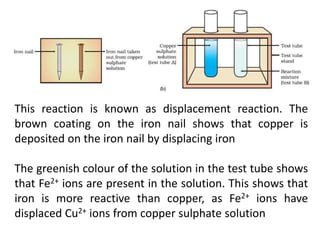 This reaction is known as displacement reaction. The
brown coating on the iron nail shows that copper is
deposited on the iron nail by displacing iron
The greenish colour of the solution in the test tube shows
that Fe2+ ions are present in the solution. This shows that
iron is more reactive than copper, as Fe2+ ions have
displaced Cu2+ ions from copper sulphate solution
 