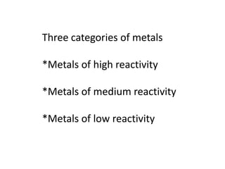 Three categories of metals
*Metals of high reactivity
*Metals of medium reactivity
*Metals of low reactivity
 