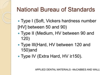 National Bureau of Standards 
 Type I (Soft, Vickers hardness number 
[HV] between 50 and 90) 
 Type II (Medium, HV between 90 and 
120) 
 Type III(Hard, HV between 120 and 
150)and 
 Type IV (Extra Hard, HV ≥150). 
APPLIED DENTAL MATERIALS –McCABBES AND WALLS 
 