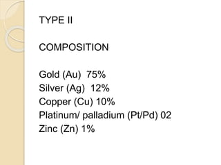 TYPE II 
COMPOSITION 
Gold (Au) 75% 
Silver (Ag) 12% 
Copper (Cu) 10% 
Platinum/ palladium (Pt/Pd) 02 
Zinc (Zn) 1% 
 