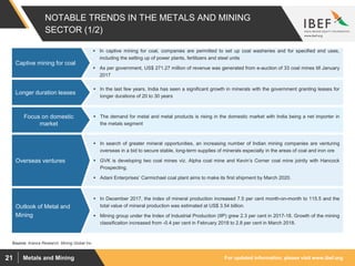 For updated information, please visit www.ibef.orgMetals and Mining21
 In December 2017, the index of mineral production increased 7.5 per cent month-on-month to 115.5 and the
total value of mineral production was estimated at US$ 3.54 billion.
 Mining group under the Index of Industrial Production (IIP) grew 2.3 per cent in 2017-18. Growth of the mining
classification increased from -0.4 per cent in February 2018 to 2.8 per cent in March 2018.
 The demand for metal and metal products is rising in the domestic market with India being a net importer in
the metals segment
 In search of greater mineral opportunities, an increasing number of Indian mining companies are venturing
overseas in a bid to secure stable, long-term supplies of minerals especially in the areas of coal and iron ore
 GVK is developing two coal mines viz. Alpha coal mine and Kevin’s Corner coal mine jointly with Hancock
Prospecting.
 Adani Enterprises’ Carmichael coal plant aims to make its first shipment by March 2020.
 In the last few years, India has seen a significant growth in minerals with the government granting leases for
longer durations of 20 to 30 years
NOTABLE TRENDS IN THE METALS AND MINING
SECTOR (1/2)
 In captive mining for coal, companies are permitted to set up coal washeries and for specified end uses,
including the setting up of power plants, fertilizers and steel units
 As per government, US$ 271.27 million of revenue was generated from e-auction of 33 coal mines till January
2017
Captive mining for coal
Source: Aranca Research, Mining Global Inc.
Longer duration leases
Outlook of Metal and
Mining
Focus on domestic
market
Overseas ventures
 