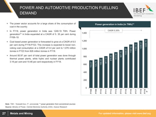 For updated information, please visit www.ibef.orgMetals and Mining27
POWER AND AUTOMOTIVE PRODUCTION FUELLING
DEMAND
704.47
723.79
768.43
811.14
876.89
912.06
967.15
1048.67
1107.82
1160.14
1206.31
1249.19
0
200
400
600
800
1,000
1,200
1,400
FY08
FY09
FY10
FY11
FY12
FY13
FY14
FY15
FY16
FY17
FY18
FY19
P
CAGR 5.35%
Source: Ministry of Power, Central Electricity Authority (CEA), Aranca Research
Note: TWh - Terawatt-hour, P - provisional, ** power generation from conventional sources
 The power sector accounts for a large share of the consumption of
coal in the country
 In FY18, power generation in India was 1249.19 TWh. Power
generation** in India expanded at a CAGR of 5. 35 per cent during
FY08–19.
 Coal based power generation is forecasted to grow at a CAGR of 6.5
per cent during FY18-FY23. This increase is expected to boost non-
coking coal consumption at a CAGR of 5.4 per cent to 1,076 million
tonnes in FY23 from 826 million tonnes in FY18.
 Around 85.97 per cent of total power generation was done through
thermal power plants, while hydro and nuclear plants contributed
3.18 per cent and 10.46 per cent respectively in FY18.
Visakhapatnam port traffic (million tonnes)Power generation in India (in TWh)**
 