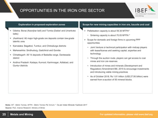 For updated information, please visit www.ibef.orgMetals and Mining35
OPPORTUNITIES IN THE IRON ORE SECTOR
Source: PwC, Aranca Research, Ministry of Mines
 Odisha: Bonai (Keonjhar belt) and Tomka (Daitari and Umerkoke
belts)
 Jharkhand: All major high-grade ore deposits contain low-grade
lateritic ores
 Karnataka: Bagalkot, Tumkur, and Chitradurga districts
 Maharashtra: Sindhudurg, Gadchiroli and Gondia
 Chhattisgarh: All 14 deposits of Bailadila range, Dantewada
district
 Andhra Pradesh: Kadapa, Kurnool, Karimnagar, Adilabad, and
Guntur districts
Exploration in proposed exploration zones
 Pelletisation capacity is about 59.30 MTPA*
• Sintering capacity is about 70.05 MTPA *
 Scope for domestic and foreign firms in upcoming PPP
opportunities
• Joint Venture or technical participation with midcap players
with lease/license and seeking capital, expertise and
technology
• Through the auction route, players can get access to coal
mines and iron ore reserves
• Introduction of mines and minerals (Development and
Regulation) Amendment Bill, 2015 to encourage investments
and introducing viable mining practices
• As of October 2018, Rs 1.81 trillion (US$ 27.00 billion) were
earned from e-auction of 50 mineral blocks.
Scope for new mining capacities in iron ore, bauxite and coal
Notes: MT - Metric Tonnes, MTPA - Metric Tonnes Per Annum, *: As per Indian Minerals Yearbook 2017
 