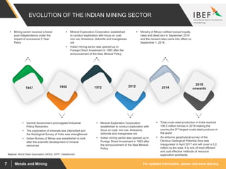 For updated information, please visit www.ibef.orgMetals and Mining7
EVOLUTION OF THE INDIAN MINING SECTOR
Source: World Steel Association (WSA), DIPP, DataMonitor
 Mining sector received a boost
post independence under the
impact of successive 5 Year
Plans
 Mineral Exploration Corporation established
to conduct exploration with focus on coal,
iron ore, limestone, dolomite and manganese
ore
 Indian mining sector was opened up to
Foreign Direct Investment in 1993 after the
announcement of the New Mineral Policy
 Ministry of Mines notified revised royalty
rates and dead rent in September 2014
and the revised rates came into effect on
September 1, 2014.
 Central Government promulgated Industrial
Policy Resolution
 The exploration of minerals was intensified and
the Geological Survey of India was strengthened
 Indian Bureau of Mines was established to look
after the scientific development of mineral
resources
 Mineral Exploration Corporation
established to conduct exploration with
focus on coal, iron ore, limestone,
dolomite and manganese ore
 Indian mining sector was opened up to
Foreign Direct Investment in 1993 after
the announcement of the New Mineral
Policy
 Total crude steel production in India reached
106.5 million tonnes in 2018 making the
country the 2nd largest crude steel producer in
the world .
 An airborne geophysical survey of the
Obvious Geological Potential Area was
inaugurated in April 2017 and will cover a 0.2
million sq km area. It is one of most efficient
and cost effective methods of resource
exploration worldwide.
1947 1956 20121972 2014
2018
onwards
 