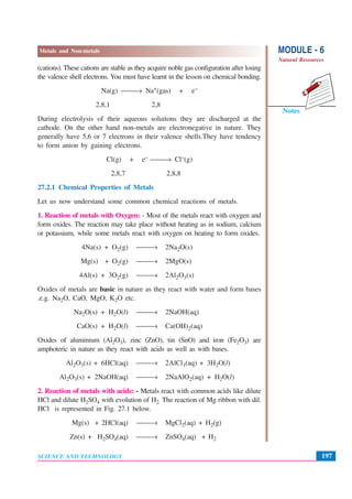 MODULE - 6
Natural Resources
197
Metals and Non-metals
SCIENCE AND TECHNOLOGY
Notes
(cations). These cations are stable as they acquire noble gas configuration after losing
the valence shell electrons. You must have learnt in the lesson on chemical bonding.
Na(g) ⎯⎯→ Na+(gas) + e–
2,8,1 2,8
During electrolysis of their aqueous soluitons they are discharged at the
cathode. On the other hand non-metals are electronegative in nature. They
generally have 5,6 or 7 electrons in their valence shells.They have tendency
to form anion by gaining electrons.
Cl(g) + e– ⎯⎯→ Cl–(g)
2,8,7 2,8,8
27.2.1 Chemical Properties of Metals
Let us now understand some common chemical reactions of metals.
1. Reaction of metals with Oxygen: - Most of the metals react with oxygen and
form oxides. The reaction may take place without heating as in sodium, calcium
or potassium, while some metals react with oxygen on heating to form oxides.
4Na(s) + O2(g) ⎯⎯→ 2Na2O(s)
Mg(s) + O2(g) ⎯⎯→ 2MgO(s)
4Al(s) + 3O2(g) ⎯⎯→ 2Al2O3(s)
Oxides of metals are basic in nature as they react with water and form bases
.e.g. Na2O, CaO, MgO, K2O etc.
Na2O(s) + H2O(l) ⎯⎯→ 2NaOH(aq)
CaO(s) + H2O(l) ⎯⎯→ Ca(OH)2(aq)
Oxides of aluminium (Al2O3), zinc (ZnO), tin (SnO) and iron (Fe2O3) are
amphoteric in nature as they react with acids as well as with bases.
Al2O3(s) + 6HCl(aq) ⎯⎯→ 2AlCl3(aq) + 3H2O(l)
Al2O3(s) + 2NaOH(aq) ⎯⎯→ 2NaAlO2(aq) + H2O(l)
2. Reaction of metals with acids: - Metals react with common acids like dilute
HCl and dilute H2SO4 with evolution of H2. The reaction of Mg ribbon with dil.
HCl is represented in Fig. 27.1 below.
Mg(s) + 2HCl(aq) ⎯⎯→ MgCl2(aq) + H2(g)
Zn(s) + H2SO4(aq) ⎯⎯→ ZnSO4(aq) + H2
 