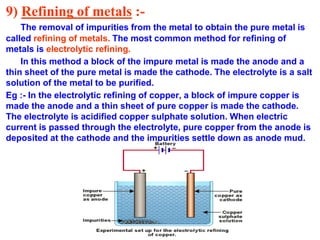 9) Refining of metals :-
The removal of impurities from the metal to obtain the pure metal is
called refining of metals. The most common method for refining of
metals is electrolytic refining.
In this method a block of the impure metal is made the anode and a
thin sheet of the pure metal is made the cathode. The electrolyte is a salt
solution of the metal to be purified.
Eg :- In the electrolytic refining of copper, a block of impure copper is
made the anode and a thin sheet of pure copper is made the cathode.
The electrolyte is acidified copper sulphate solution. When electric
current is passed through the electrolyte, pure copper from the anode is
deposited at the cathode and the impurities settle down as anode mud.
 