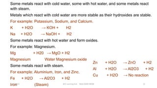 Some metals react with cold water, some with hot water, and some metals react
with steam.
Metals which react with cold water are more stable as their hydroxides are stable.
For example: Potassium, Sodium, and Calcium.
K + H2O → KOH + H2
Na + H2O → NaOH + H2
Some metals react with hot water and form oxides.
For example: Magnesium.
Mg + H20 → MgO + H2
Magnesium Water Magnesium oxide
Some metals react with steam.
For example: Aluminium, Iron, and Zinc.
Fe + H2O → Al2O3 + H2
Iron (Steam)
Zn + H2O → ZnO + H2
Al + H2O → Al2O3 + H2
Cu + H2O → No reaction
4/7/2021 ACE Learning Hub Mob:93600 48588 15
 