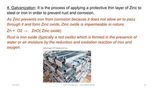 4. Galvanization: It is the process of applying a protective thin layer of Zinc to
steel or iron in order to prevent rust and corrosion.
As Zinc prevents iron from corrosion because it does not allow air to pass
through it and form Zinc oxide, Zinc oxide is impermeable in nature.
Zn + O2 → ZnO( Zinc oxide)
Rust is iron oxide (typically a red oxide) which is formed in the presence of
water or air moisture by the reduction and oxidation reaction of iron and
oxygen.
4/7/2021 ACE Learning Hub Mob:93600 48588 29
 