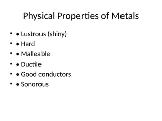 Physical Properties of Metals
• • Lustrous (shiny)
• • Hard
• • Malleable
• • Ductile
• • Good conductors
• • Sonorous
 
