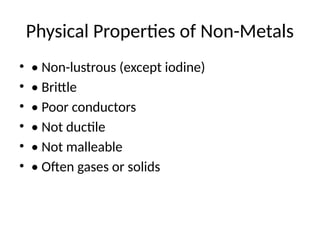 Physical Properties of Non-Metals
• • Non-lustrous (except iodine)
• • Brittle
• • Poor conductors
• • Not ductile
• • Not malleable
• • Often gases or solids
 