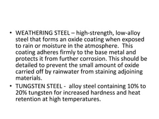 WEATHERING STEEL – high-strength, low-alloy steel that forms an oxide coating when exposed to rain or moisture in the atmosphere.  This coating adheres firmly to the base metal and protects it from further corrosion. This should be detailed to prevent the small amount of oxide carried off by rainwater from staining adjoining materials. TUNGSTEN STEEL -  alloy steel containing 10% to 20% tungsten for increased hardness and heat retention at high temperatures. 