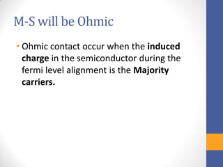 M-S will be Ohmic
• Ohmic contact occur when the induced
charge in the semiconductor during the
fermi level alignment is the Majority
carriers.
 