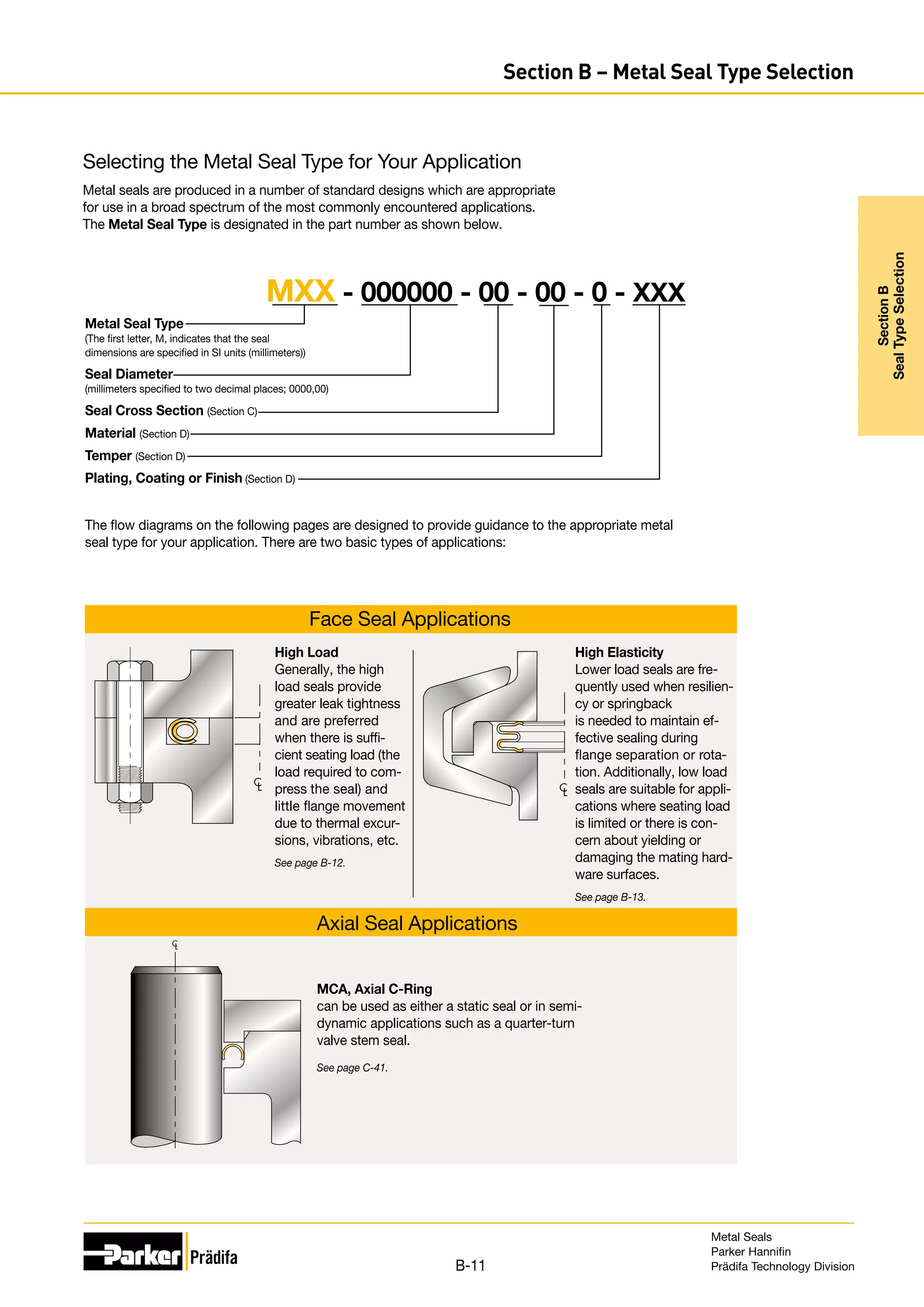 Selecting the Metal Seal Type for Your Application
Metal seals are produced in a number of standard designs which are appropriate
for use in a broad spectrum of the most commonly encountered applications.
The Metal Seal Type is designated in the part number as shown below.
High Load
Generally, the high
load seals provide
greater leak tightness
and are preferred
when there is suffi-
cient seating load (the
load required to com-
press the seal) and
little flange movement
due to thermal excur-
sions, vibrations, etc.
See page B-12.
The flow diagrams on the following pages are designed to provide guidance to the appropriate metal
seal type for your application. There are two basic types of applications:
Metal Seal Type
(The first letter, M, indicates that the seal
dimensions are specified in SI units (millimeters))
Seal Diameter
(millimeters specified to two decimal places; 0000,00)
Seal Cross Section (Section C)
Material (Section D)
Temper (Section D)
Plating, Coating or Finish (Section D)
MXX - 000000 - 00 - 00 - 0 - XXX
Face Seal Applications
High Elasticity
Lower load seals are fre-
quently used when resilien-
cy or springback
is needed to maintain ef-
fective sealing during
flange separation or rota-
tion. Additionally, low load
seals are suitable for appli-
cations where seating load
is limited or there is con-
cern about yielding or
damaging the mating hard-
ware surfaces.
See page B-13.
C
L
C
L
Axial Seal Applications
MCA, Axial C-Ring
can be used as either a static seal or in semi-
dynamic applications such as a quarter-turn
valve stem seal.
See page C-41.
C
L
Metal Seals
Parker Hannifin
Prädifa Technology Division
B-11
Section B – Metal Seal Type Selection
Section
B
Seal
Type
Selection
 