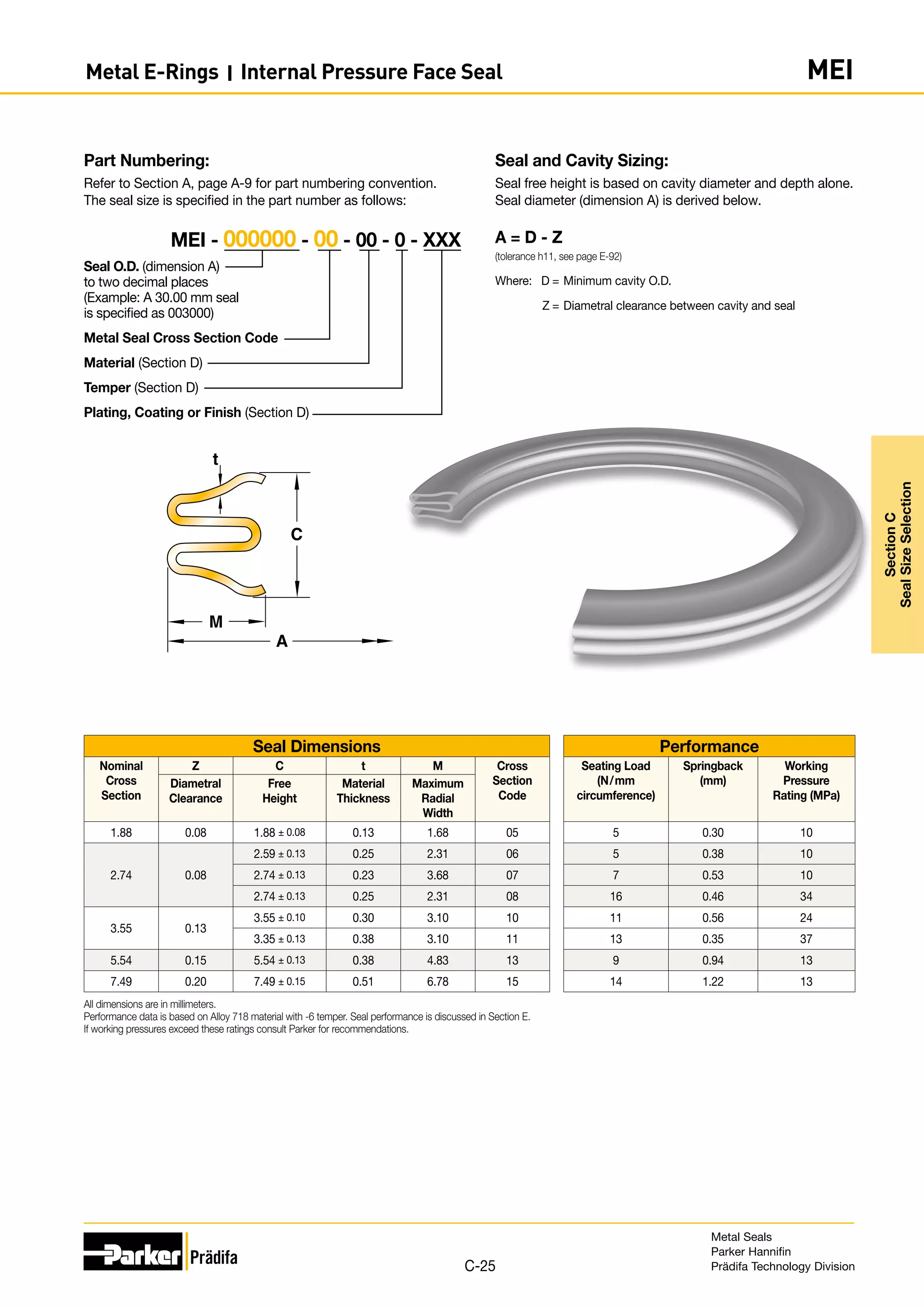 Seal and Cavity Sizing:
Seal free height is based on cavity diameter and depth alone.
Seal diameter (dimension A) is derived below.
A = D - Z
(tolerance h11, see page E-92)
Where:	 D	=	Minimum cavity O.D.
	 Z	=	Diametral clearance between cavity and seal
Part Numbering:
Refer to Section A, page A-9 for part numbering convention.
The seal size is specified in the part number as follows:
Seal O.D. (dimension A)
to two decimal places
(Example: A 30.00 mm seal
is specified as 003000)
Metal Seal Cross Section Code
Material (Section D)
Temper (Section D)
Plating, Coating or Finish (Section D)
MEI - 000000 - 00 - 00 - 0 - XXX
C
A
M
t
Seal Dimensions Performance
Nominal
Cross
Section
Z C t M Cross
Section
Code
Seating Load
(N/mm
circumference)
Springback
(mm)
Working
Pressure
Rating (MPa)
Diametral
Clearance
Free
Height
Material
Thickness
Maximum
Radial
Width
1.88 0.08 1.88 ± 0.08 0.13 1.68 05 5 0.30 10
2.74 0.08
2.59 ± 0.13 0.25 2.31 06 5 0.38 10
2.74 ± 0.13 0.23 3.68 07 7 0.53 10
2.74 ± 0.13 0.25 2.31 08 16 0.46 34
3.55 0.13
3.55 ± 0.10 0.30 3.10 10 11 0.56 24
3.35 ± 0.13 0.38 3.10 11 13 0.35 37
5.54 0.15 5.54 ± 0.13 0.38 4.83 13 9 0.94 13
7.49 0.20 7.49 ± 0.15 0.51 6.78 15 14 1.22 13
All dimensions are in millimeters.
Performance data is based on Alloy 718 material with -6 temper. Seal performance is discussed in Section E.
If working pressures exceed these ratings consult Parker for recommendations.
Metal Seals
Parker Hannifin
Prädifa Technology Division
C-25
Section
C
Seal
Size
Selection
Metal E-Rings I Internal Pressure Face Seal MEI
 