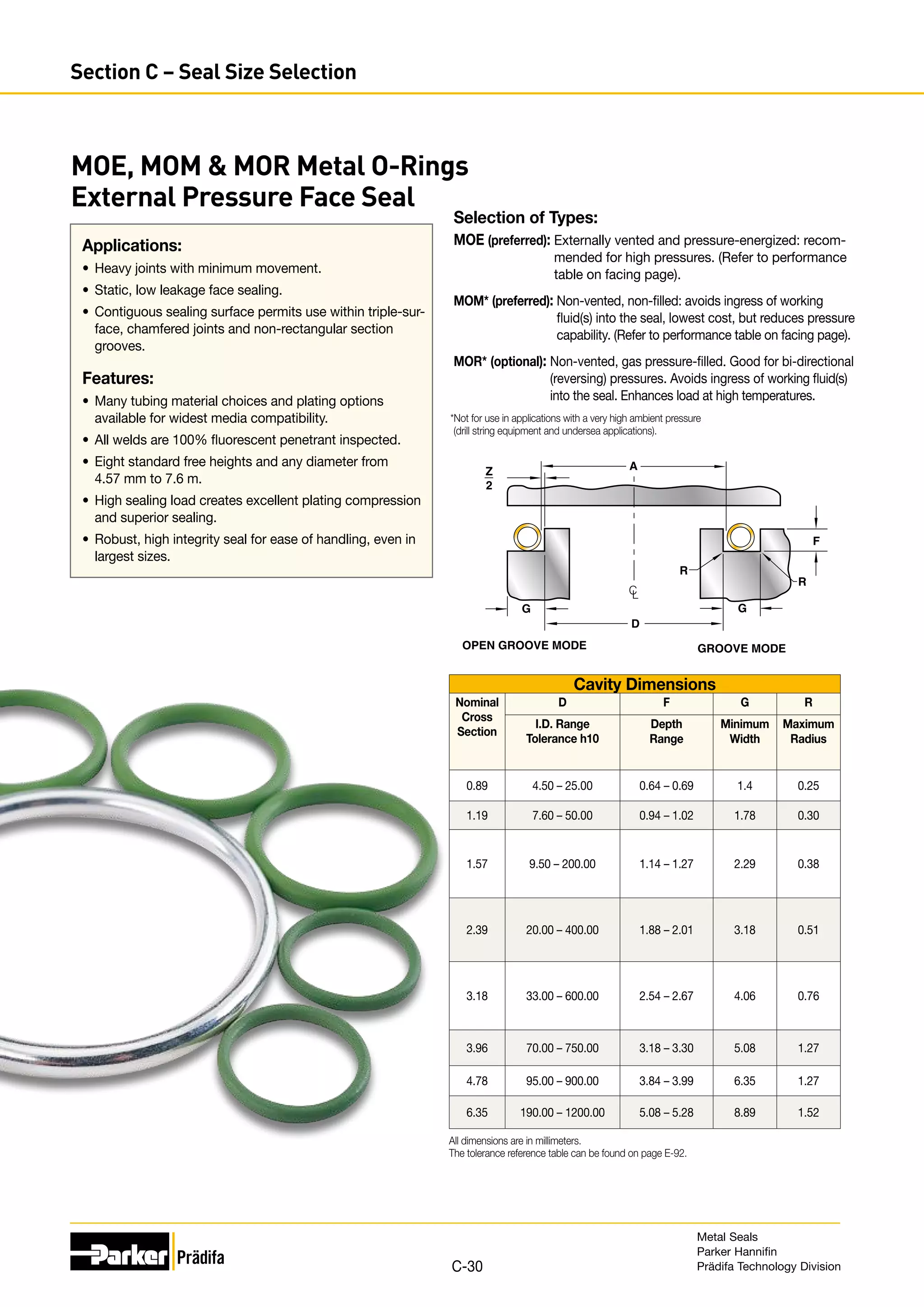 Selection of Types:
MOE (preferred): 
Externally vented and pressure-energized: recom-
mended for high pressures. (Refer to performance
table on facing page).
MOM* (preferred): 
Non-vented, non-filled: avoids ingress of working
fluid(s) into the seal, lowest cost, but reduces pressure
capability. (Refer to performance table on facing page).
MOR* (optional): 
Non-vented, gas pressure-filled. Good for bi-directional
(reversing) pressures. Avoids ingress of working fluid(s)
into the seal. Enhances load at high temperatures.
*Not for use in applications with a very high ambient pressure
(drill string equipment and undersea applications).
Cavity Dimensions
Nominal
Cross
Section
D F G R
I.D. Range
Tolerance h10
Depth
Range
Minimum
Width
Maximum
Radius
0.89 4.50 – 25.00 0.64 – 0.69 1.4 0.25
1.19 7.60 – 50.00 0.94 – 1.02 1.78 0.30
1.57 9.50 – 200.00 1.14 – 1.27 2.29 0.38
2.39 20.00 – 400.00 1.88 – 2.01 3.18 0.51
3.18 33.00 – 600.00 2.54 – 2.67 4.06 0.76
3.96 70.00 – 750.00 3.18 – 3.30 5.08 1.27
4.78 95.00 – 900.00 3.84 – 3.99 6.35 1.27
6.35 190.00 – 1200.00 5.08 – 5.28 8.89 1.52
All dimensions are in millimeters.
The tolerance reference table can be found on page E-92.
MOE, MOM  MOR Metal O-Rings
External Pressure Face Seal
Applications:
•	 Heavy joints with minimum movement.
•	 Static, low leakage face sealing.
•	 Contiguous sealing surface permits use within triple-sur-
face, chamfered joints and non-rectangular section
grooves.
Features:
•	 Many tubing material choices and plating options
available for widest media compatibility.
•	 All welds are 100% fluorescent penetrant inspected.
•	 Eight standard free heights and any diameter from
4.57 mm to 7.6 m.
•	 High sealing load creates excellent plating compression
and superior sealing.
•	 Robust, high integrity seal for ease of handling, even in
largest sizes.
Z
2
D
A
R
R
G
OPEN GROOVE MODE GROOVE MODE
C
L
F
G
Metal Seals
Parker Hannifin
Prädifa Technology Division
C-30
Section C – Seal Size Selection
 