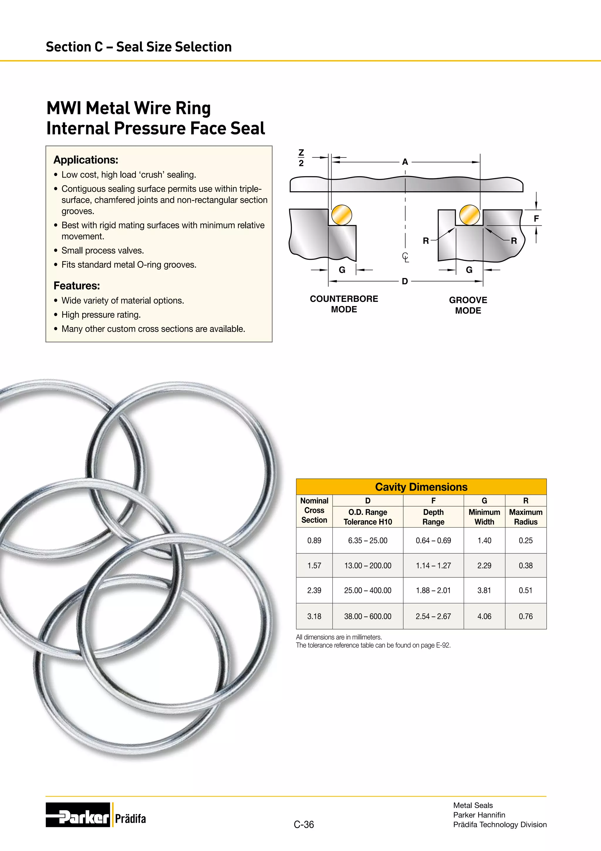 Applications:
•	 Low cost, high load ‘crush’ sealing.
•	 Contiguous sealing surface permits use within triple-
surface, chamfered joints and non-rectangular section
grooves.
•	 Best with rigid mating surfaces with minimum relative
movement.
•	 Small process valves.
•	 Fits standard metal O-ring grooves.
Features:
•	 Wide variety of material options.
•	 High pressure rating.
•	 Many other custom cross sections are available.
MWI Metal Wire Ring
Internal Pressure Face Seal
D
A
R R
G
G
Z
2
COUNTERBORE
MODE
GROOVE
MODE
C
L
F
Cavity Dimensions
Nominal
Cross
Section
D F G R
O.D. Range
Tolerance H10
Depth
Range
Minimum
Width
Maximum
Radius
0.89 6.35 – 25.00 0.64 – 0.69 1.40 0.25
1.57 13.00 – 200.00 1.14 – 1.27 2.29 0.38
2.39 25.00 – 400.00 1.88 – 2.01 3.81 0.51
3.18 38.00 – 600.00 2.54 – 2.67 4.06 0.76
All dimensions are in millimeters.
The tolerance reference table can be found on page E-92.
Metal Seals
Parker Hannifin
Prädifa Technology Division
C-36
Section C – Seal Size Selection
 