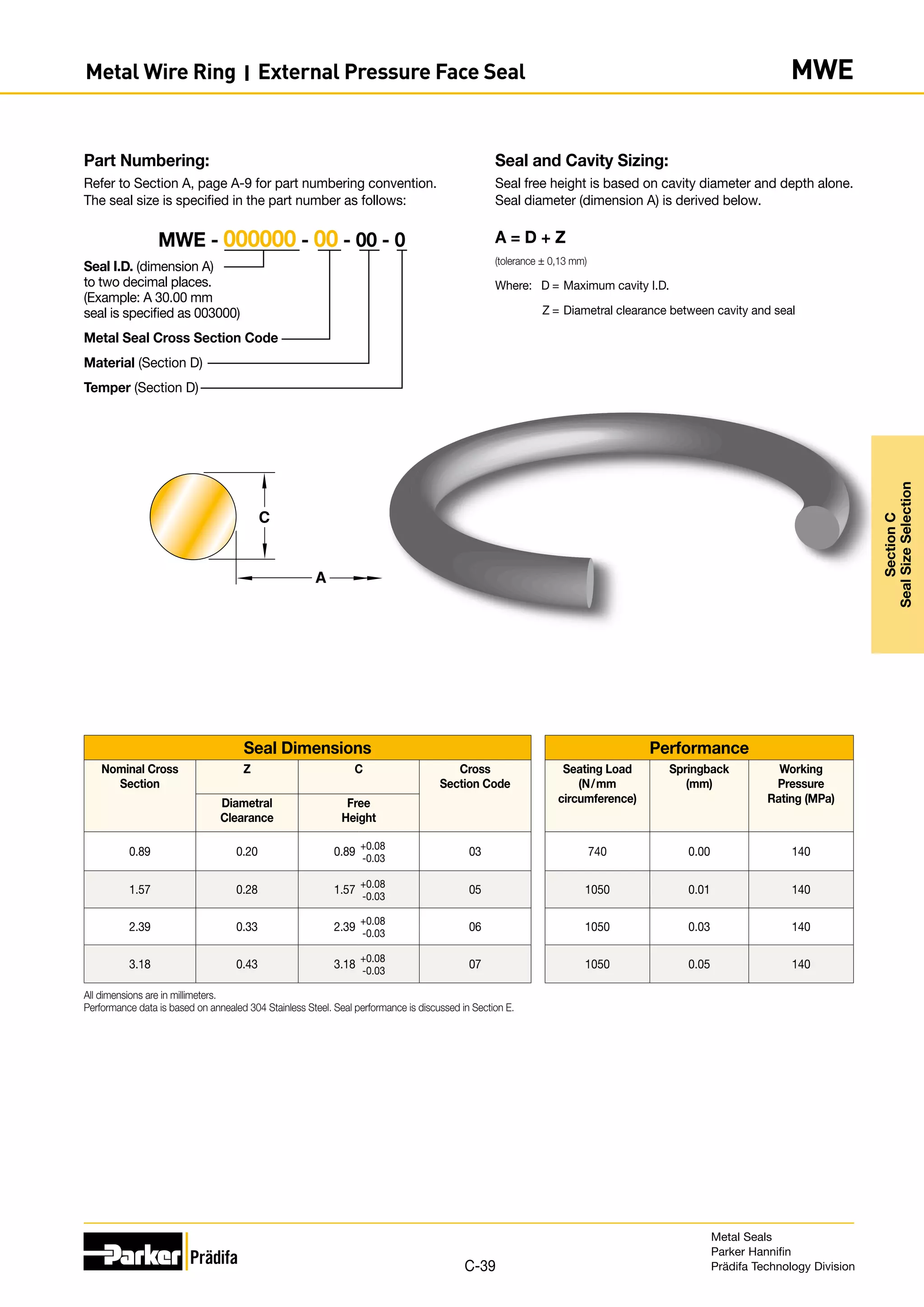 Seal and Cavity Sizing:
Seal free height is based on cavity diameter and depth alone.
Seal diameter (dimension A) is derived below.
A = D + Z
(tolerance ± 0,13 mm)
Where:	 D	=	Maximum cavity I.D.
	 Z	=	Diametral clearance between cavity and seal
Part Numbering:
Refer to Section A, page A-9 for part numbering convention.
The seal size is specified in the part number as follows:
Seal I.D. (dimension A)
to two decimal places.
(Example: A 30.00 mm
seal is specified as 003000)
Metal Seal Cross Section Code
Material (Section D)
Temper (Section D)
MWE - 000000 - 00 - 00 - 0
Seal Dimensions Performance
Nominal Cross
Section
Z C Cross
Section Code
Seating Load
(N/mm
circumference)
Springback
(mm)
Working
Pressure
Rating (MPa)
Diametral
Clearance
Free
Height
0.89 0.20 0.89 +0.08
-0.03
03 740 0.00 140
1.57 0.28 1.57
+0.08
-0.03
05 1050 0.01 140
2.39 0.33 2.39
+0.08
-0.03
06 1050 0.03 140
3.18 0.43 3.18
+0.08
-0.03
07 1050 0.05 140
All dimensions are in millimeters.
Performance data is based on annealed 304 Stainless Steel. Seal performance is discussed in Section E.
A
C
Metal Seals
Parker Hannifin
Prädifa Technology Division
C-39
Section
C
Seal
Size
Selection
Metal Wire Ring I External Pressure Face Seal MWE
 