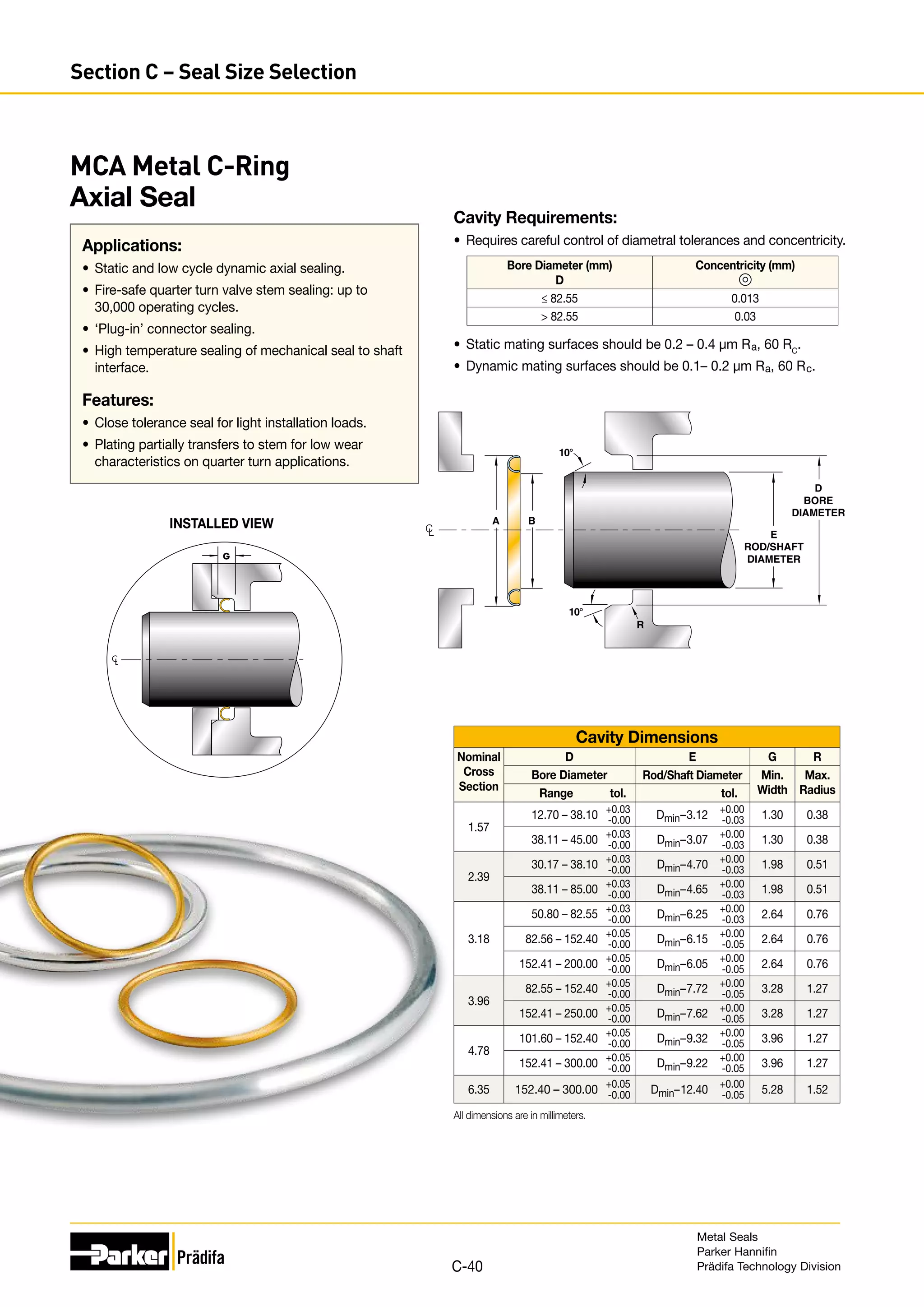 Cavity Dimensions
Nominal
Cross
Section
D E G R
Bore Diameter Rod/Shaft Diameter Min.
Width
Max.
Radius
Range tol. tol.
1.57
12.70 – 38.10 +0.03
-0.00 Dmin–3.12 +0.00
-0.03 1.30 0.38
38.11 – 45.00 +0.03
-0.00 Dmin–3.07 +0.00
-0.03 1.30 0.38
2.39
30.17 – 38.10 +0.03
-0.00 Dmin–4.70 +0.00
-0.03 1.98 0.51
38.11 – 85.00 +0.03
-0.00 Dmin–4.65 +0.00
-0.03 1.98 0.51
3.18
50.80 – 82.55 +0.03
-0.00 Dmin–6.25 +0.00
-0.03 2.64 0.76
82.56 – 152.40 +0.05
-0.00 Dmin–6.15 +0.00
-0.05 2.64 0.76
152.41 – 200.00 +0.05
-0.00 Dmin–6.05 +0.00
-0.05 2.64 0.76
3.96
82.55 – 152.40 +0.05
-0.00 Dmin–7.72 +0.00
-0.05 3.28 1.27
152.41 – 250.00 +0.05
-0.00 Dmin–7.62 +0.00
-0.05 3.28 1.27
4.78
101.60 – 152.40 +0.05
-0.00 Dmin–9.32 +0.00
-0.05 3.96 1.27
152.41 – 300.00 +0.05
-0.00 Dmin–9.22 +0.00
-0.05 3.96 1.27
6.35 152.40 – 300.00 +0.05
-0.00 Dmin–12.40 +0.00
-0.05 5.28 1.52
All dimensions are in millimeters.
MCA Metal C-Ring
Axial Seal
Applications:
•	 Static and low cycle dynamic axial sealing.
•	 Fire-safe quarter turn valve stem sealing: up to
30,000 operating cycles.
•	 ‘Plug-in’ connector sealing.
•	 High temperature sealing of mechanical seal to shaft
interface.
Features:
•	 Close tolerance seal for light installation loads.
•	 Plating partially transfers to stem for low wear
characteristics on quarter turn applications.
G
C
L
INSTALLED VIEW
E
ROD/SHAFT
DIAMETER
C
L
D
BORE
DIAMETER
R
A B
10°
10°
Cavity Requirements:
•	 Requires careful control of diametral tolerances and concentricity.
Bore Diameter (mm)
D
Concentricity (mm)
≤ 82.55 0.013
 82.55 0.03
•	 Static mating surfaces should be 0.2 – 0.4 µm Ra, 60 RC
.
•	 Dynamic mating surfaces should be 0.1– 0.2 µm Ra, 60 Rc.
Metal Seals
Parker Hannifin
Prädifa Technology Division
C-40
Section C – Seal Size Selection
 