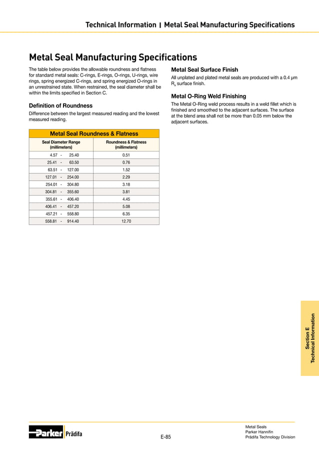 Metal seal design guide metric ; Parker PDF