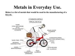 Metals in Everyday Use.
Below is a list of metals that would be used in the manufacturing of a
bicycle.

 