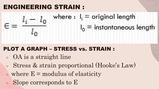 ENGINEERING STRAIN :
PLOT A GRAPH – STRESS vs. STRAIN :
 OA is a straight line
 Stress & strain proportional (Hooke’s Law)
 where E = modulus of elasticity
 Slope corresponds to E
 