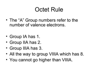 Octet Rule The “A” Group numbers refer to the number of valence electrons. Group IA has 1. Group IIA has 2. Group IIIA has 3. All the way to group VIIIA which has 8. You cannot go higher than VIIIA. 