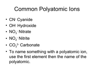 Common Polyatomic Ions CN -  Cyanide OH -  Hydroxide NO 3 -  Nitrate NO 2 -  Nitrite CO 3 2-  Carbonate To name something with a polyatomic ion, use the first element then the name of the polyatomic. 