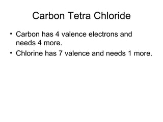 Carbon Tetra Chloride Carbon has 4 valence electrons and needs 4 more. Chlorine has 7 valence and needs 1 more. 