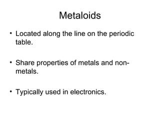 Metaloids Located along the line on the periodic table. Share properties of metals and non-metals. Typically used in electronics. 