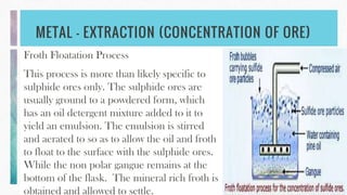 METAL - EXTRACTION (CONCENTRATION OF ORE)
Froth Floatation Process
This process is more than likely specific to
sulphide ores only. The sulphide ores are
usually ground to a powdered form, which
has an oil detergent mixture added to it to
yield an emulsion. The emulsion is stirred
and aerated to so as to allow the oil and froth
to float to the surface with the sulphide ores.
While the non polar gangue remains at the
bottom of the flask. The mineral rich froth is
obtained and allowed to settle.
 
