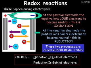 Redox reactions These happen during electrolysis: These two processes are called REDOX REACTIONS OILRIG –  O xidation  I s  L oss of electrons R eduction  I s  G ain of electrons At the positive electrode the negative ions LOSE electrons to become neutral – this is OXIDATION At the negative electrode the positive ions GAIN electrons to become neutral – this is REDUCTION 