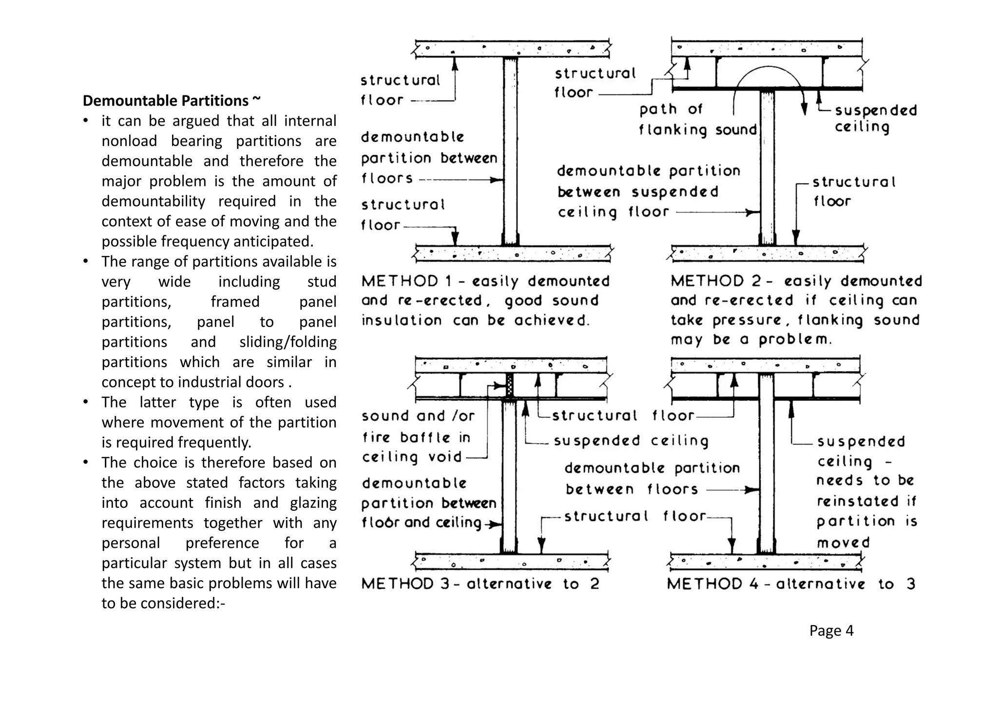 Demountable Partitions ~
• it can be argued that all internal
nonload bearing partitions are
demountable and therefore the
major problem is the amount of
demountability required in the
context of ease of moving and the
possible frequency anticipated.
• The range of partitions available is
very wide including stud
partitions, framed panel
partitions, panel to panel
partitions and sliding/folding
partitions which are similar in
concept to industrial doors .
• The latter type is often used
where movement of the partition
is required frequently.
• The choice is therefore based on
the above stated factors taking
into account finish and glazing
requirements together with any
personal preference for a
particular system but in all cases
the same basic problems will have
to be considered:-
Page 4
 