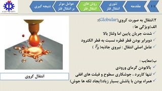 2.‫کروی‬ ‫صورت‬ ‫به‬ ‫انتقال‬(Globular:)
‫الف‬)‫ها‬ ‫ویژگی‬:
‫باال‬ ‫ولتاژ‬ ‫اما‬ ‫پایین‬ ‫جریان‬ ‫شدت‬
‫الکترود‬ ‫قطر‬ ‫به‬ ‫نسبت‬ ‫قطره‬ ‫قطر‬ ‫بودن‬ ‫دوبرابر‬
‫انتقال‬ ‫اصلی‬ ‫عامل‬:‫جاذبه‬ ‫نیروی‬) (
‫ب‬)‫معایب‬:
‫باالبودن‬‫ورودی‬ ‫گرمای‬
‫افقی‬ ‫های‬ ‫فیلت‬ ‫و‬ ‫سطوح‬ ‫جوشکاری‬ ، ‫کاربرد‬ ‫تنها‬
‫زیاد‬ ‫بسیار‬ ‫پاشش‬ ‫با‬ ‫بودن‬ ‫همراه‬(‫جوش‬ ‫ها‬ ‫لکه‬ ‫ایجاد‬)
𝐹𝑔
‫مقدمه‬
‫تئوری‬
‫فل‬ ‫انتقال‬‫ز‬
‫موثر‬ ‫عوامل‬
‫ف‬ ‫انتقال‬ ‫بر‬‫لز‬
‫های‬ ‫روش‬
‫فل‬ ‫انتقال‬‫ز‬
‫گی‬ ‫نتیجه‬‫ری‬
‫کروی‬ ‫انتقال‬
11
 