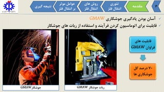 ‫آسان‬‫جوشکاری‬ ‫یادگیری‬ ‫بودن‬GMAW
‫از‬ ‫استفاده‬ ‫و‬ ‫فرآیند‬ ‫کردن‬ ‫اتوماسیون‬ ‫برای‬ ‫قابلیت‬‫جوشکار‬ ‫های‬ ‫ربات‬
‫های‬ ‫قابلیت‬
‫فراوان‬GMAW
70‫کل‬ ‫درصد‬
‫ها‬ ‫جوشکاری‬
‫مقدمه‬
‫تئوری‬
‫فل‬ ‫انتقال‬‫ز‬
‫موثر‬ ‫عوامل‬
‫ف‬ ‫انتقال‬ ‫بر‬‫لز‬
‫های‬ ‫روش‬
‫فل‬ ‫انتقال‬‫ز‬
‫گی‬ ‫نتیجه‬‫ری‬ 4
‫جوشکار‬GMAW ‫جوشکار‬ ‫ربات‬GMAW
 