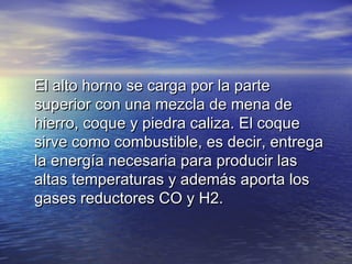 El alto horno se carga por la parte
superior con una mezcla de mena de
hierro, coque y piedra caliza. El coque
sirve como combustible, es decir, entrega
la energía necesaria para producir las
altas temperaturas y además aporta los
gases reductores CO y H2.

 