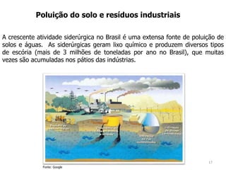 17
Poluição do solo e resíduos industriais
A crescente atividade siderúrgica no Brasil é uma extensa fonte de poluição de
solos e águas. As siderúrgicas geram lixo químico e produzem diversos tipos
de escória (mais de 3 milhões de toneladas por ano no Brasil), que muitas
vezes são acumuladas nos pátios das indústrias.
Fonte: Google
 
