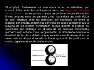 El propósito fundamental de esta etapa es el de establecer, por
contacto íntimo entre las partículas de polvo, una unión por difusión
de los átomos en los puntos o áreas de contacto, lo que elimina los
límites de grano entre una partícula y otra, lográndose una unión rígida
de gran fortaleza entre las partículas, sin necesidad de fundir el
material, por lo tanto, en términos generales se puede considerar que la
mayoría de los metales permanecen sólidos durante el proceso de
sinterizado. Sin embargo, en el caso de los carburos cementados
(carburos más cobalto como un aglutinante), el sinterizado aumenta la
densidad de la pieza debido a que en este caso la temperatura de
sinterizado es tal que el cobalto se funde, quedando las partículas de
carburo aglutinadas en el cobalto fundido.
 