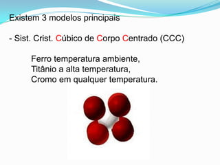 Existem 3 modelos principais
- Sist. Crist. Cúbico de Corpo Centrado (CCC)
Ferro temperatura ambiente,
Titânio a alta temperatura,
Cromo em qualquer temperatura.
 