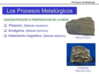Principios de Metalurgia



 Los Procesos Metalúrgicos
CONCENTRACIÓN O PREPARACION DE LA MENA

   Flotación. (Método mecánico)
  Amalgama. (Método Químico)
  Aislamiento magnético. (Método eléctrico)       Mena de hierro




                                                   Calcopirita
                                                  Mena de Cobre
 