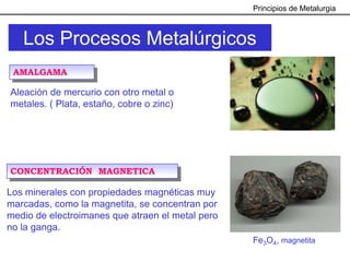 Principios de Metalurgia



   Los Procesos Metalúrgicos
 AMALGAMA

Aleación de mercurio con otro metal o
metales. ( Plata, estaño, cobre o zinc)




CONCENTRACIÓN MAGNETICA

Los minerales con propiedades magnéticas muy
marcadas, como la magnetita, se concentran por
medio de electroimanes que atraen el metal pero
no la ganga.
                                                  Fe3O4, magnetita
 