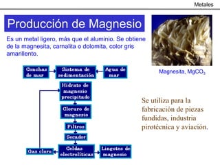 Metales


Producción de Magnesio
Es un metal ligero, más que el aluminio. Se obtiene
de la magnesita, carnalita o dolomita, color gris
amarillento.

                                                      Magnesita, MgCO3




                                                 Se utiliza para la
                                                 fabricación de piezas
                                                 fundidas, industria
                                                 pirotécnica y aviación.
 