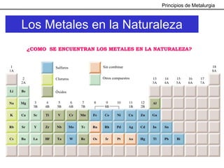 Principios de Metalurgia



Los Metales en la Naturaleza
¿COMO SE ENCUENTRAN LOS METALES EN LA NATURALEZA?


        Sulfuros      Sin combinar


        Cloruros      Otros compuestos


        Óxidos
 